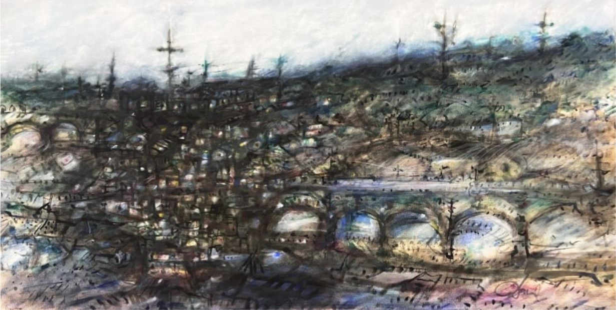 Darel Valença (Palmares/PE, 1924 – Rio de Janeiro/RJ, 2017). Cidade quase planejada, 1998. Óleo sobre tela.
75,5 x 140 x 4 cm