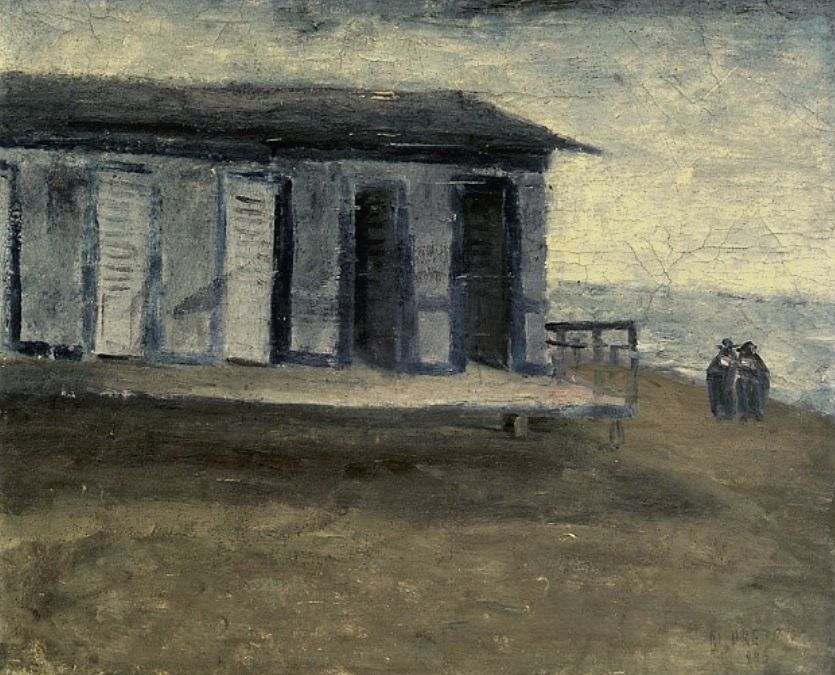 Danilo di Prete (Pisa/Itália, 1911 – São Paulo/SP, 1985). <br />Praia, 1945. Óleo sobre placa de aglomerado de madeira.
32,5 x 40 cm