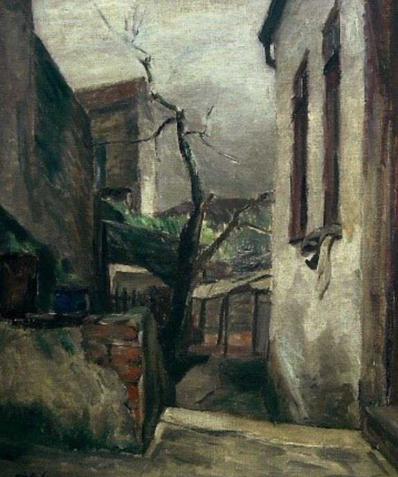 Alfredo Volpi (Lucca/Itália, 1896 - São Paulo/SP, 1988). <br />Ruela, 1935. Óleo sobre tela.
					100,5 x 90 x 4 cm